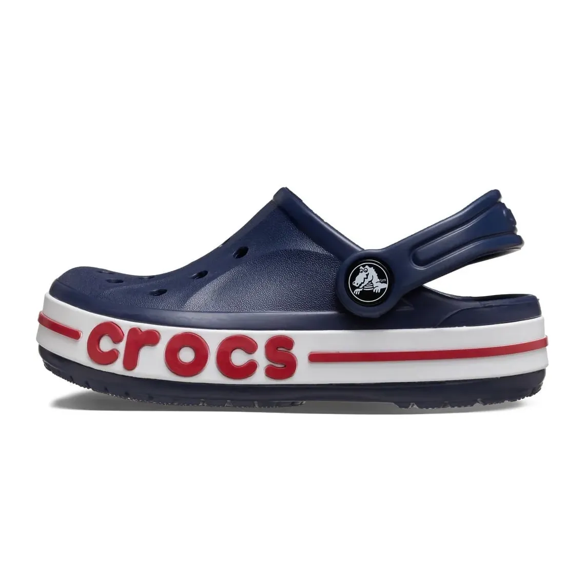 Babuche infantil Crocs marinho com detalhes em branco e vermelho, vista frontal com fundo branco